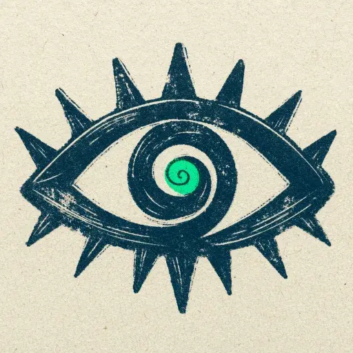 The Presence Trainer, a Transurfing practice instrument: a single eye-shaped mark, open, on a quiet ground