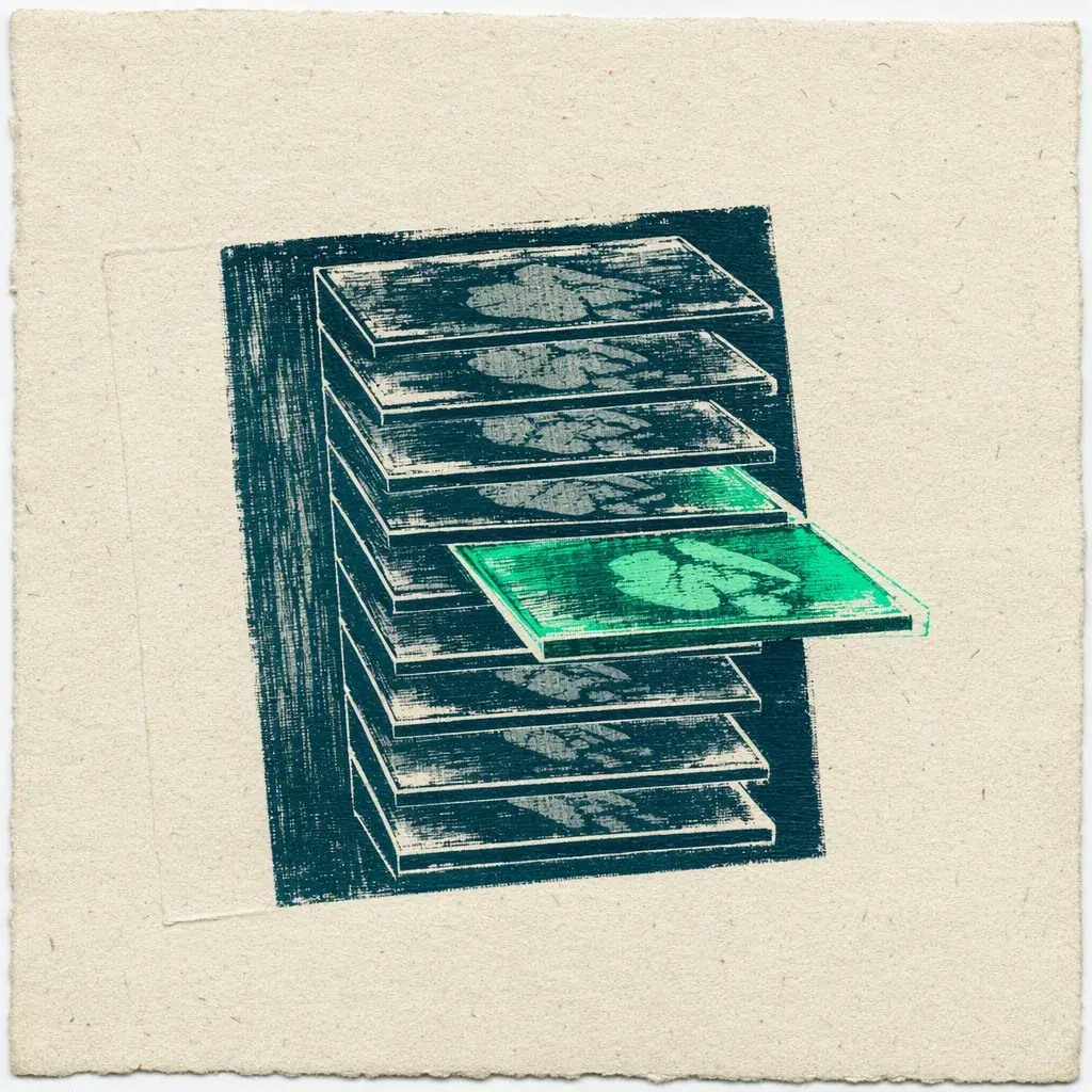 The Next Frame, a Reality Transurfing concept: A stack of plates seen edge-on, one slid out of line and printed green