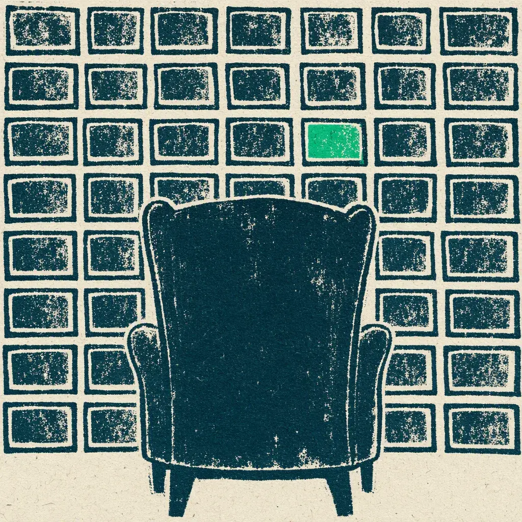 The inner screen in Transurfing: the back of an armchair facing a grid of repeated frames, one frame green